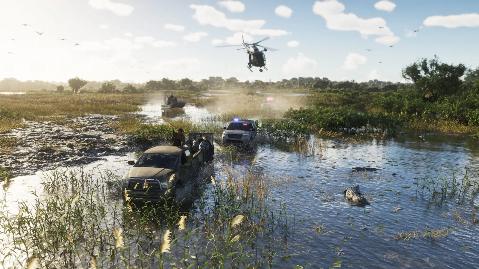 An airboat racing across the GTA 6 Grassrivers marsh as a helicopter banks overhead