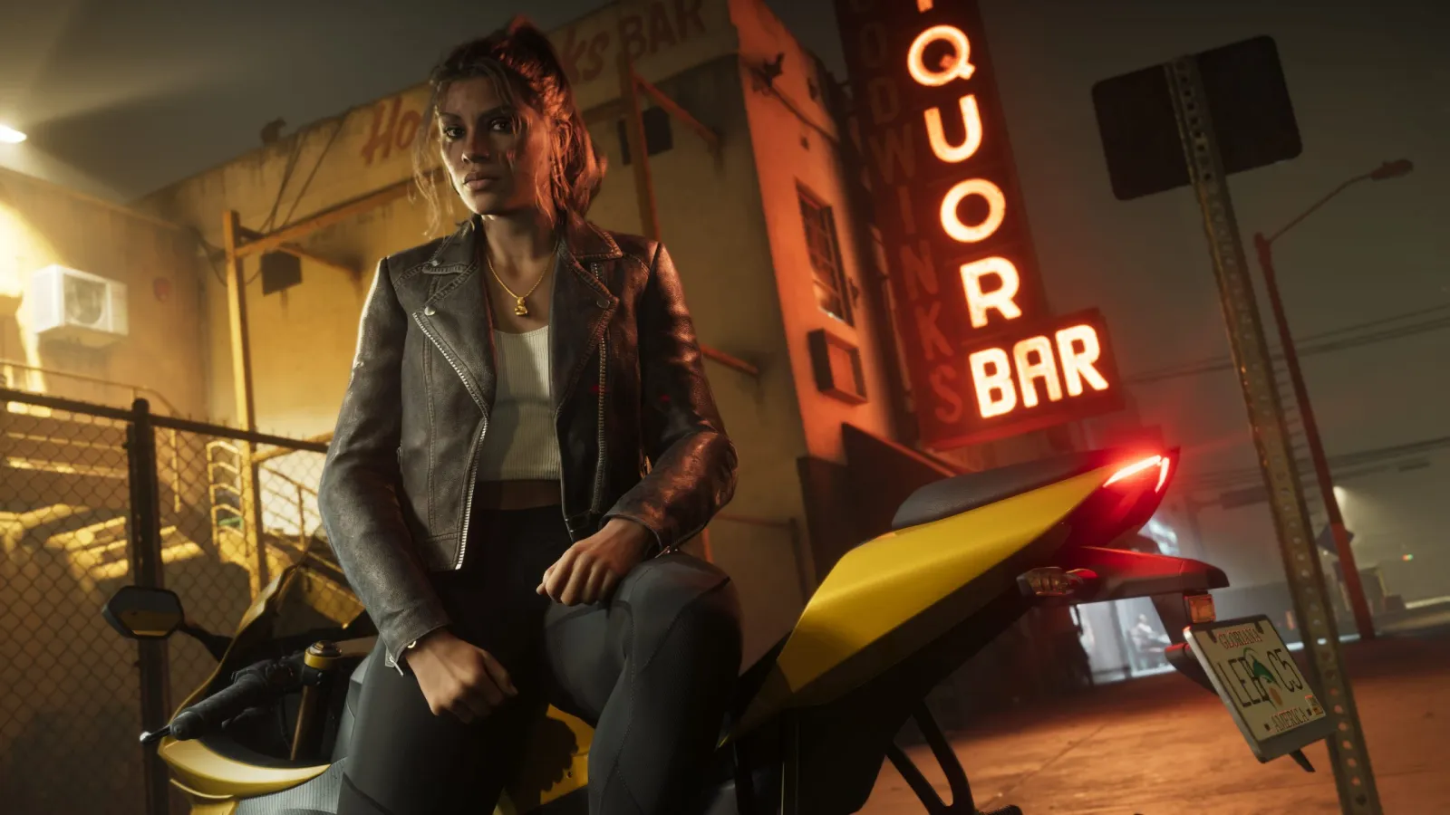 Lucia, a GTA 6 protagonist, sitting on a motorcycle at night outside a neon-lit liquor bar