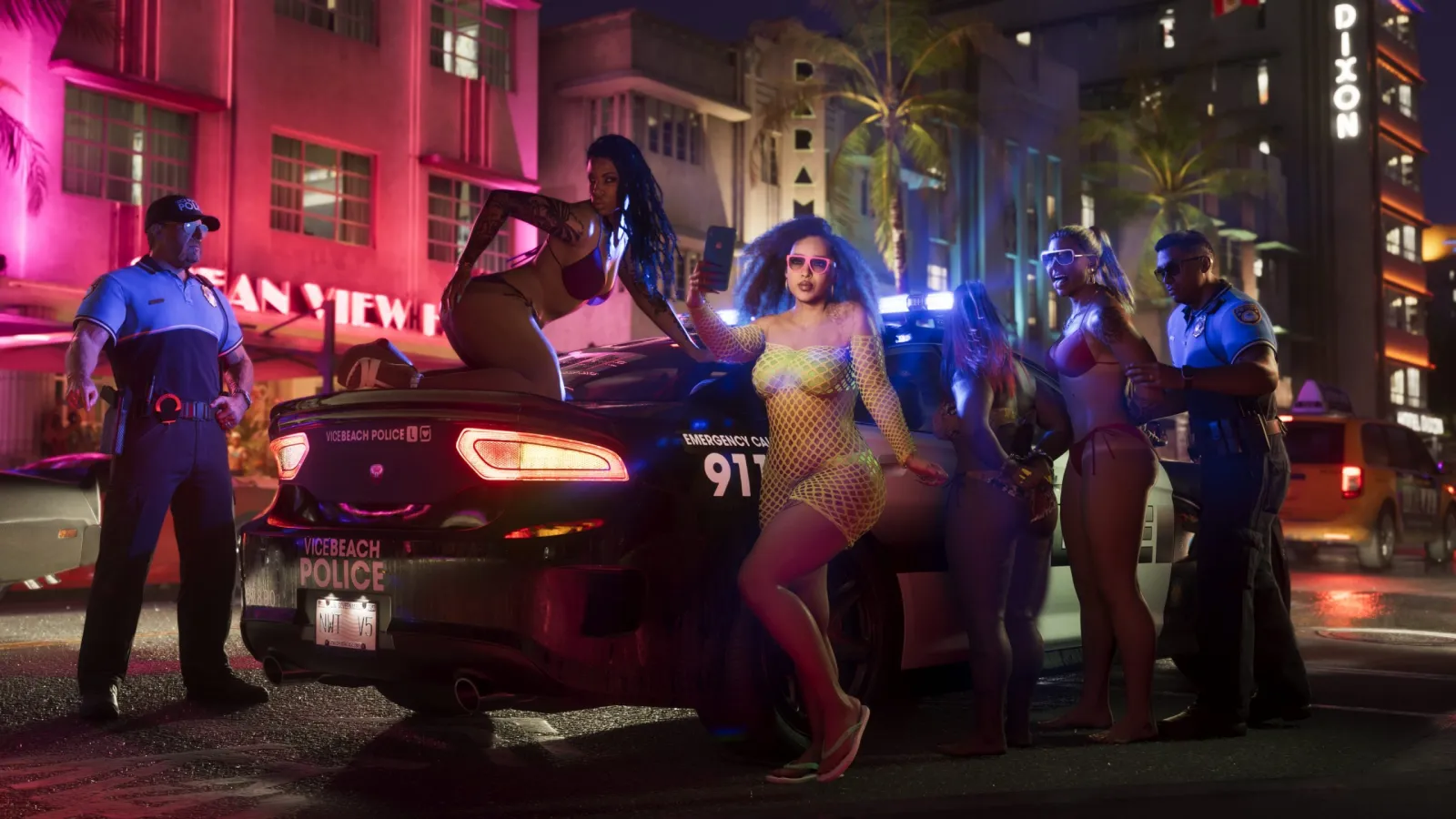 A neon-lit Vice City street at night in GTA 6, with a Vicebeach police car and people outside an art-deco hotel