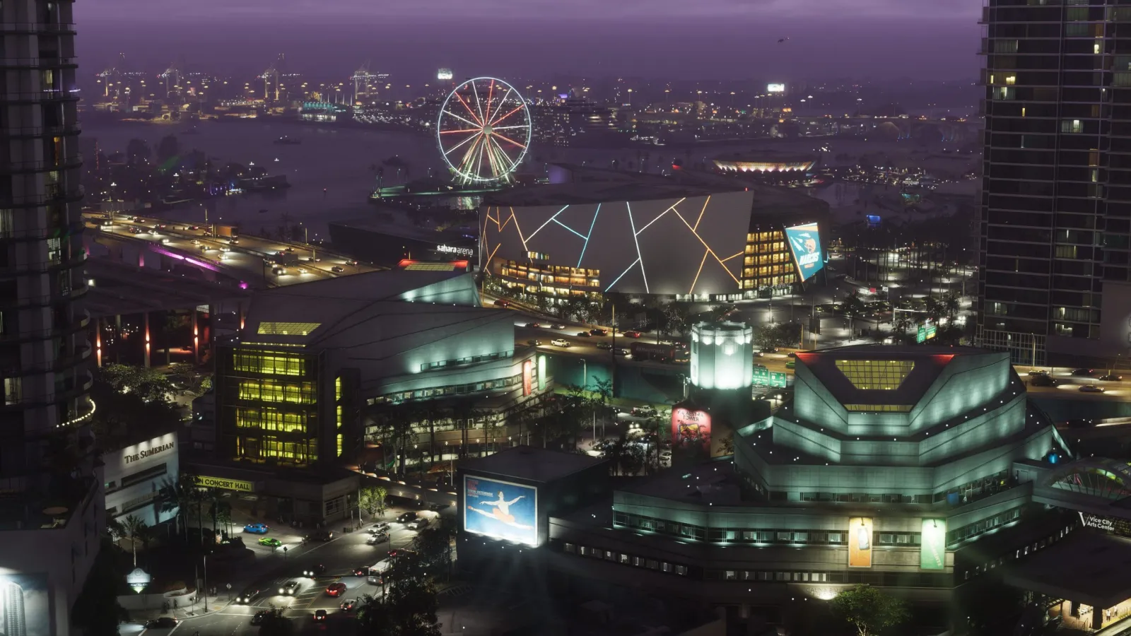 Aerial night view of the Vice City skyline in GTA 6, with a lit Ferris wheel and waterfront